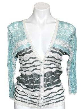 Pale Teal Grey Striped Open-Knit Cardigan Charlie & Robin Linen Cotton Size Med